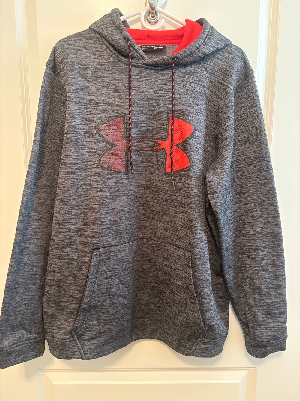 Under Armour Men's Heather Gray Pullover Hoodie with Red Logo